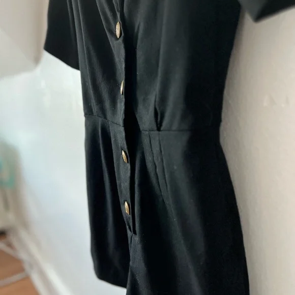 VTG MINT 90s tailored black romper suit gold buttons collar shoulder pads custom